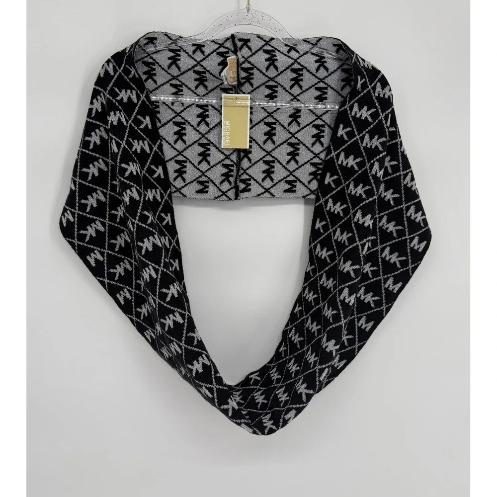 Michael Kors Womens Black Silver Metallic MK Logo Infinity Scarf Sz OS NEW